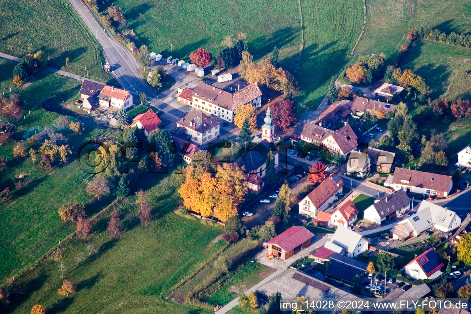 Church Maria Hilf Moosbronn in the village center in the district Freiolsheim in Gaggenau in the state Baden-Wuerttemberg, Germany