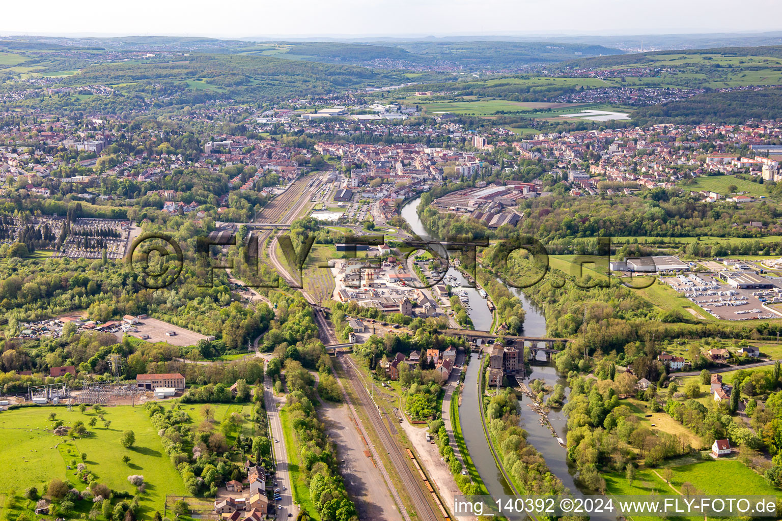 Sarreguemines train station, Saar and Canal des houillères de la Sarre from the southeast in Saargemünd in the state Moselle, France