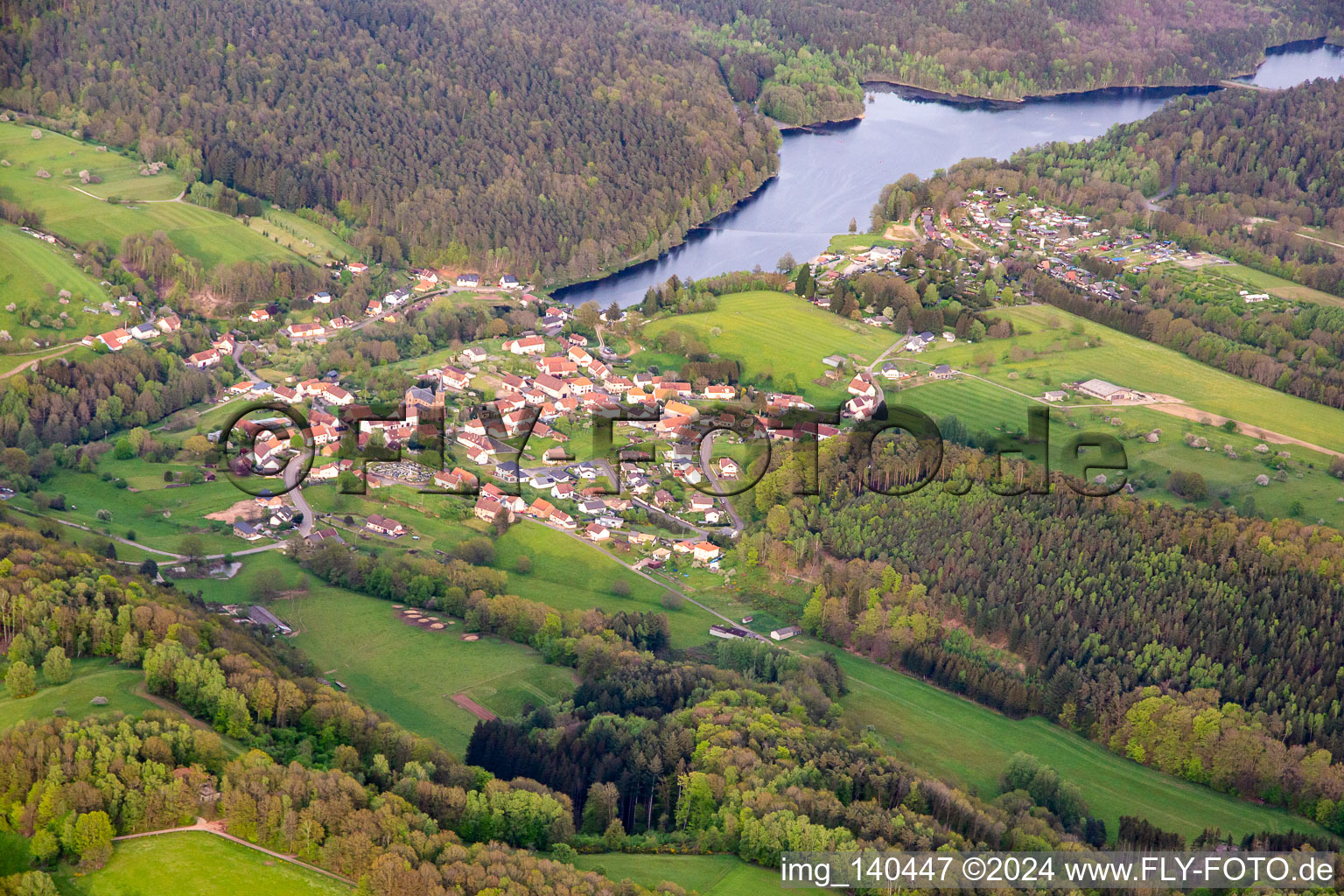 Aerial view of Pond of Haspelschiedt in Haspelschiedt in the state Moselle, France