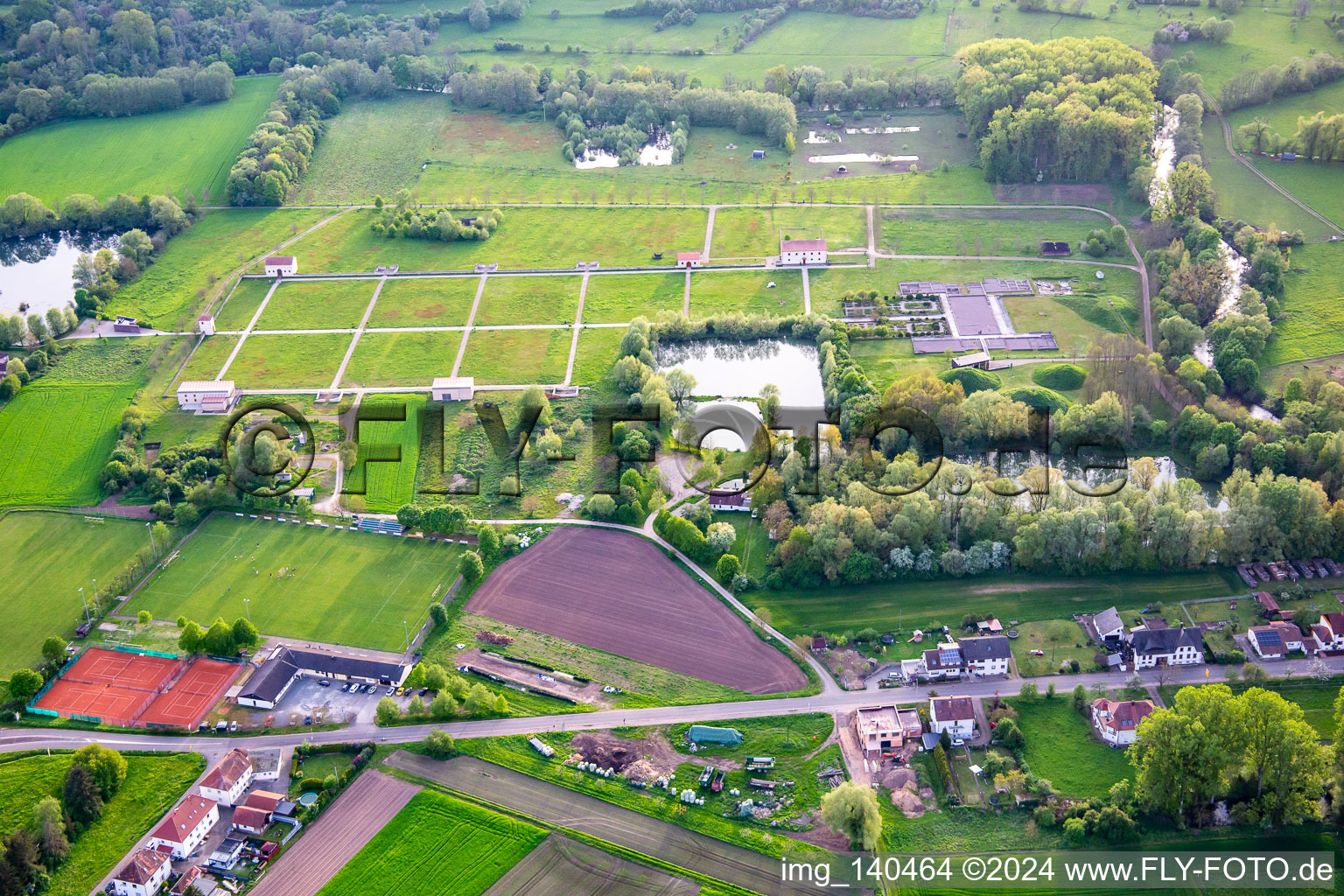 Aerial view of European Cultural Park Bliesbruck-Reinheim Information center with Roman tavern, Gallo-Roman villa of Reinheim and Keltscher Farm in the district Reinheim in Gersheim in the state Saarland, Germany