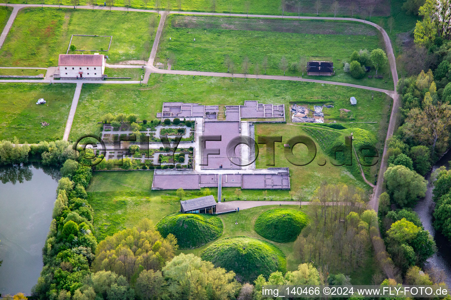 Oblique view of European Cultural Park Bliesbruck-Reinheim Information Center with Roman Tavern, Gallo-Roman Villa of Reinheim and Keltscher Farm in the district Reinheim in Gersheim in the state Saarland, Germany