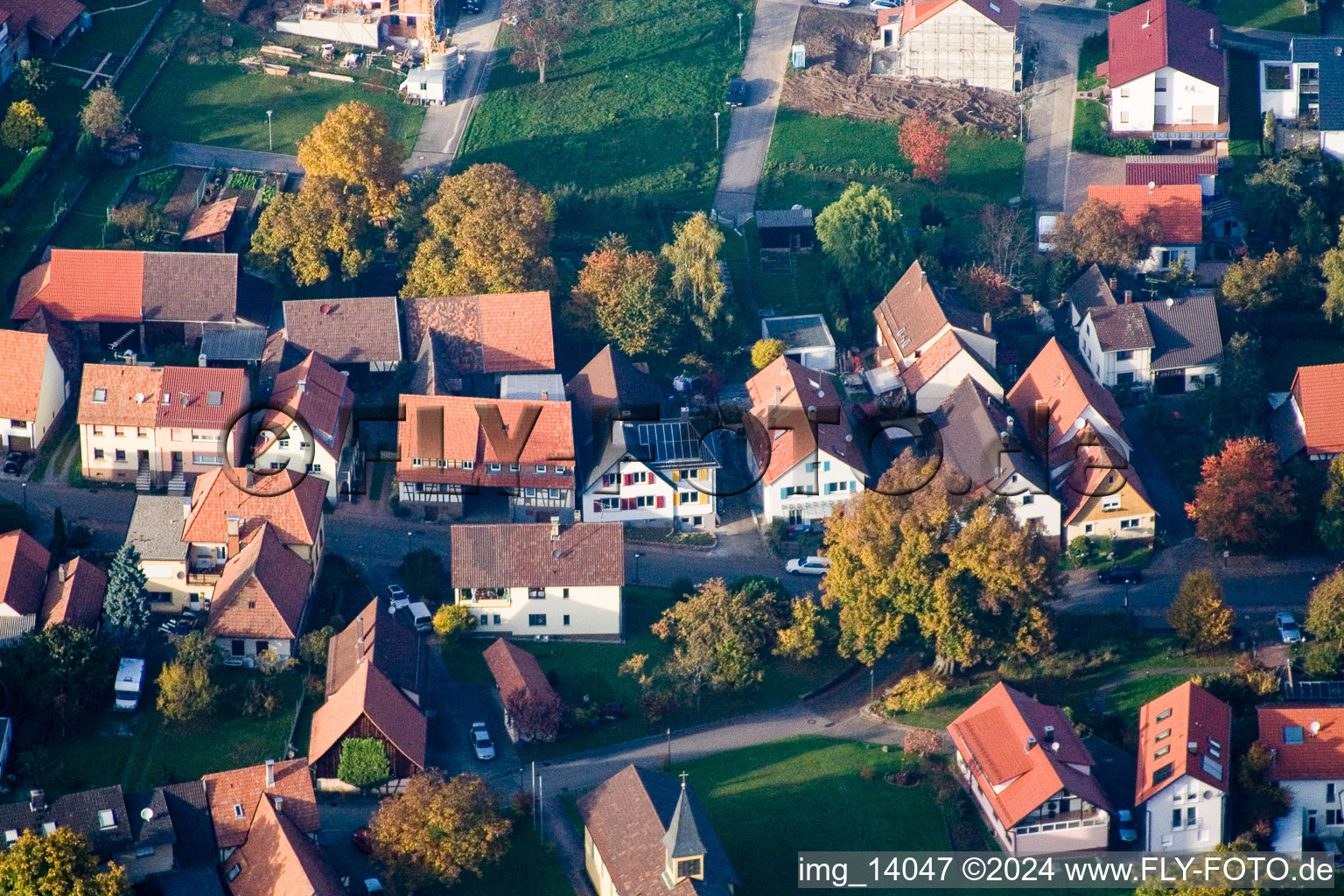 District Schluttenbach in Ettlingen in the state Baden-Wuerttemberg, Germany seen from a drone