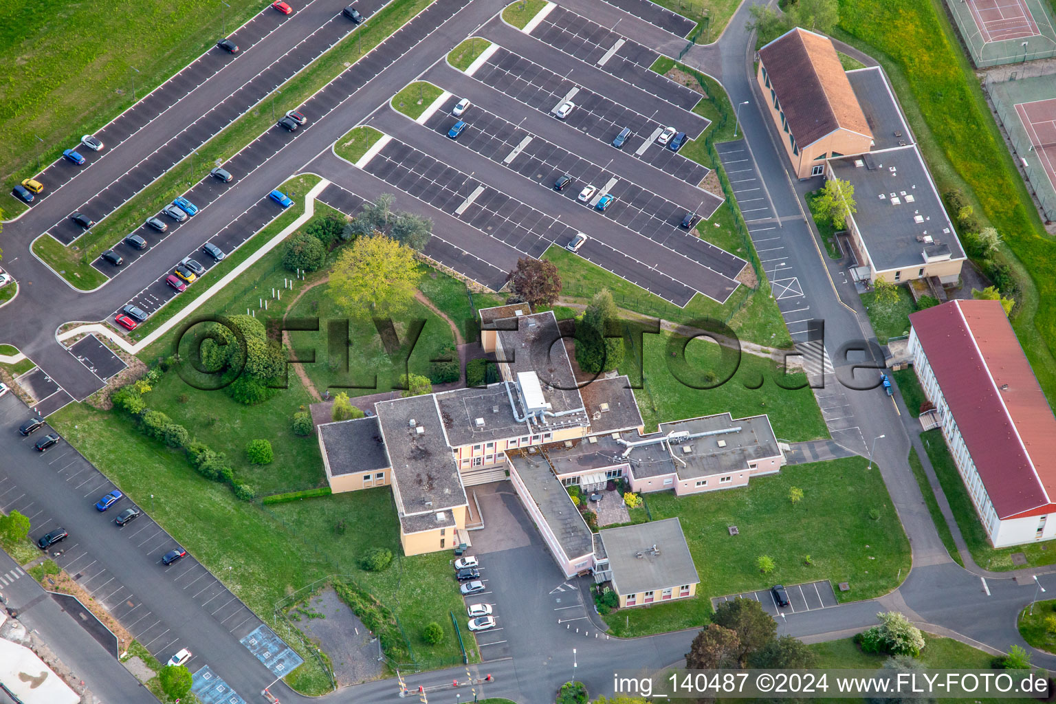Aerial view of Hospital Robert-Pax in the district Zone Industrielle du Grand Bois Fayencerie in Saargemünd in the state Moselle, France