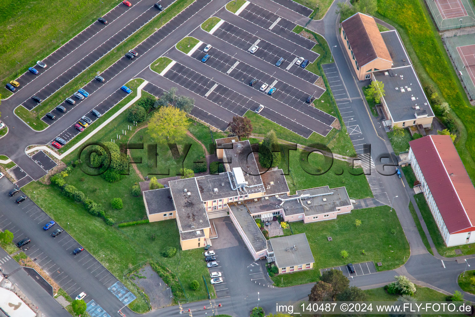 Aerial view of Hospital Robert Pax in the district Zone Industrielle du Grand Bois Fayencerie in Saargemünd in the state Moselle, France