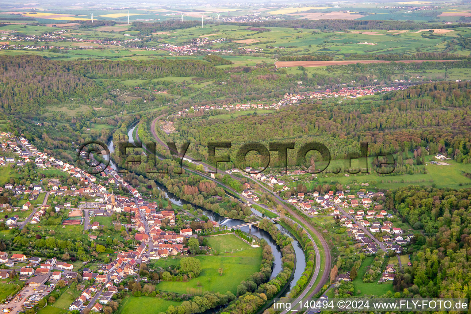 Saar and canal from the west in Sarreinsming in the state Moselle, France