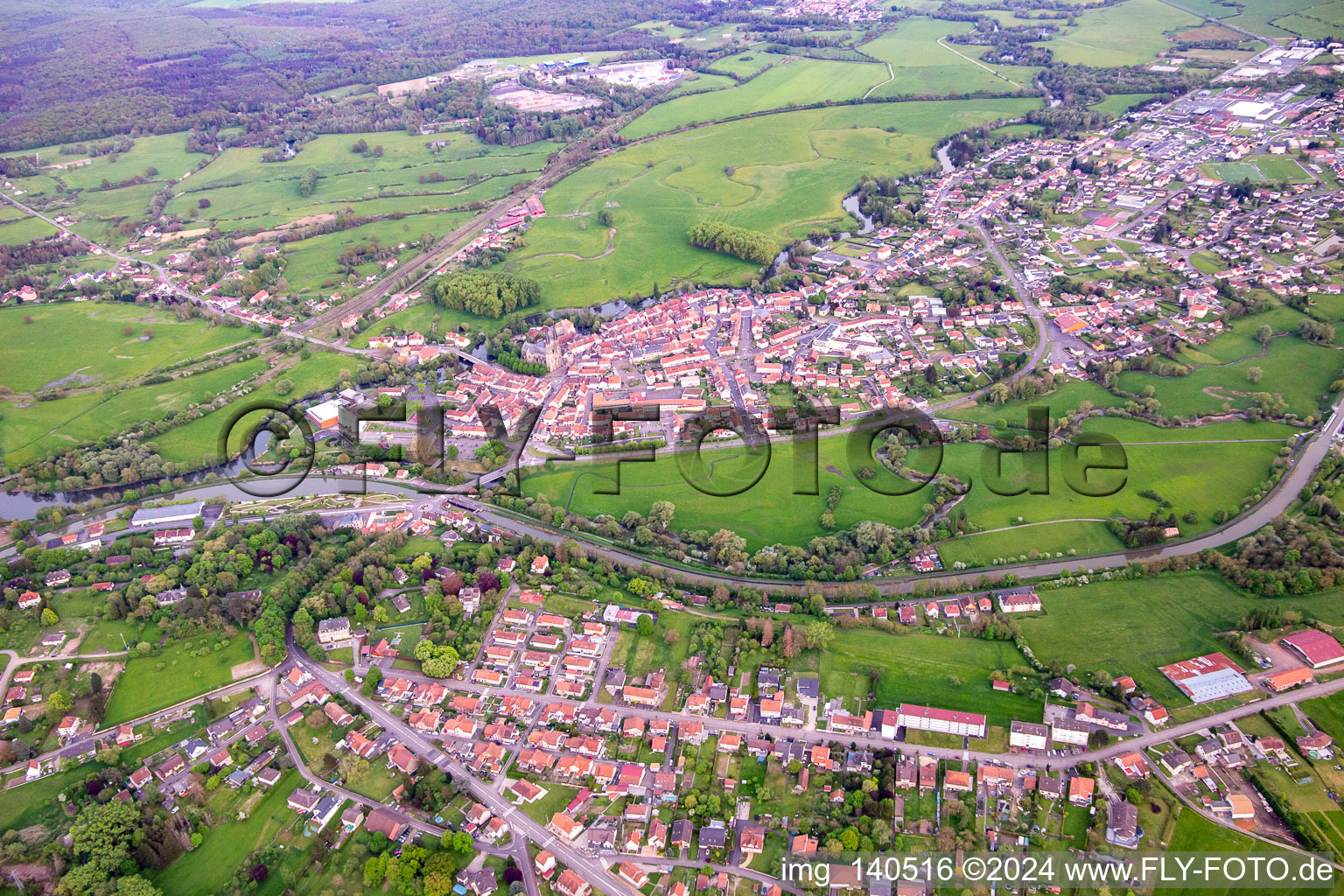 Aerial view of Confluence of Albe and Saar in Sarralbe in the state Moselle, France