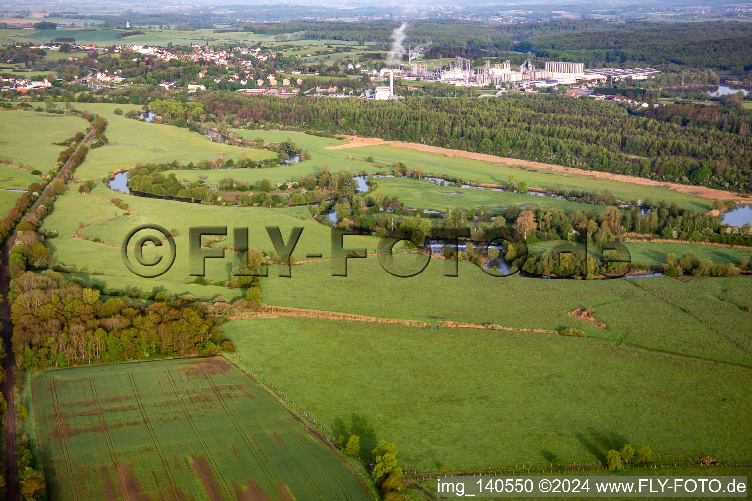 Aerial view of Flood meadows of the Saar are the feeding ground for the storks in Willerwald in the state Moselle, France