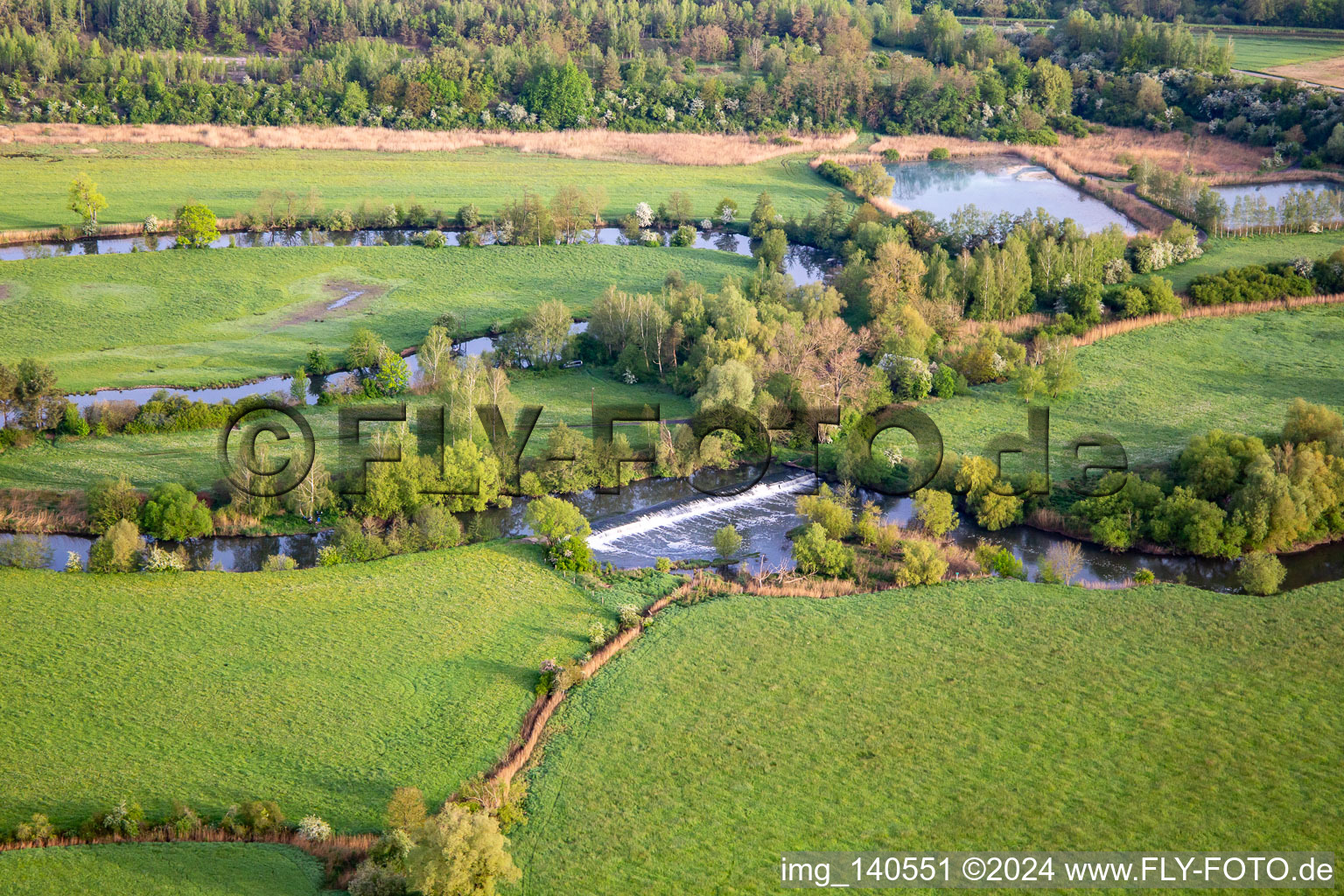 Aerial photograpy of Flood meadows of the Saar are the feeding ground for the storks in Willerwald in the state Moselle, France