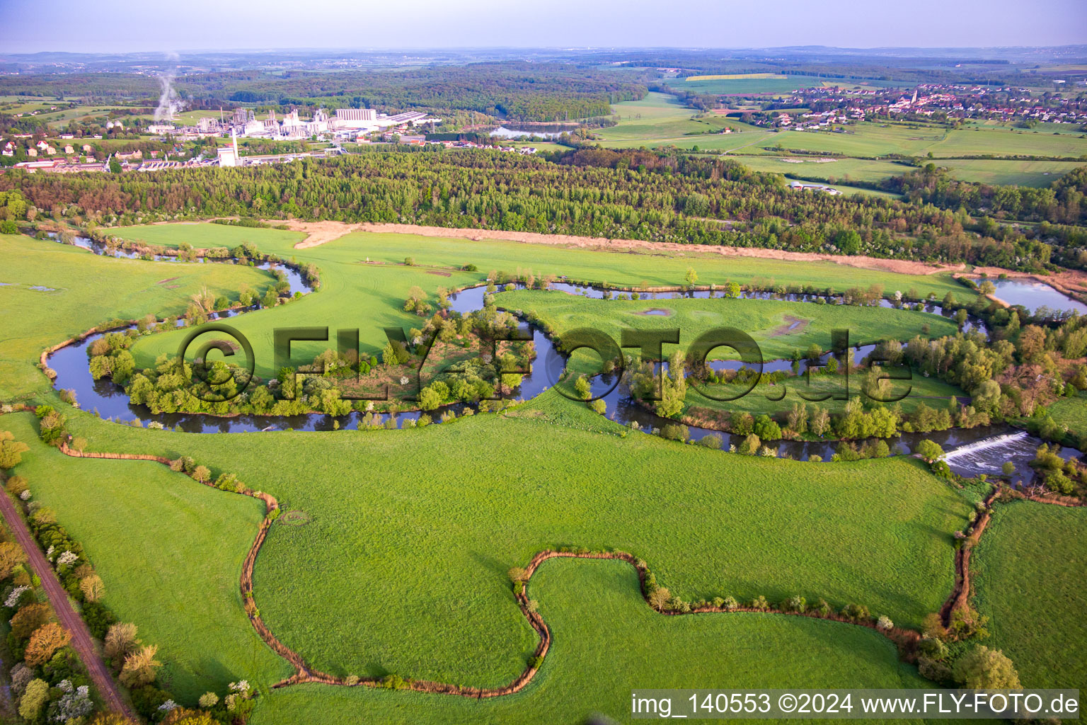 Oblique view of Flood meadows of the Saar are the feeding ground for the storks in Willerwald in the state Moselle, France