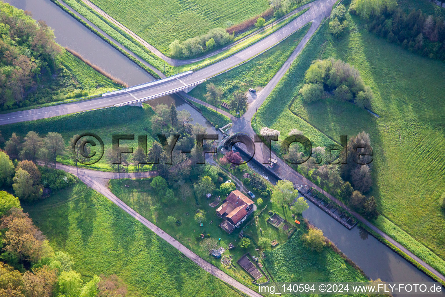 Aerial view of Ecluse N° 15Vibersviller on the Canal des Houillères de la Sarre in Vibersviller in the state Moselle, France