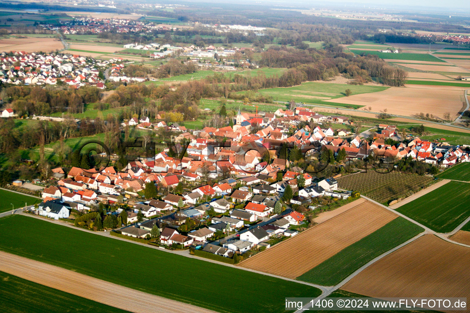 Aerial view of District Mühlhofen in Billigheim-Ingenheim in the state Rhineland-Palatinate, Germany