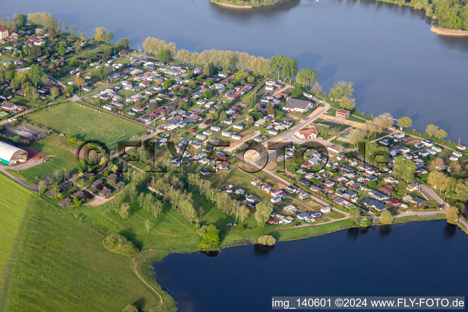 Aerial view of Camping Municipal Le Lac Vert at Hirschweyer in Mittersheim in the state Moselle, France