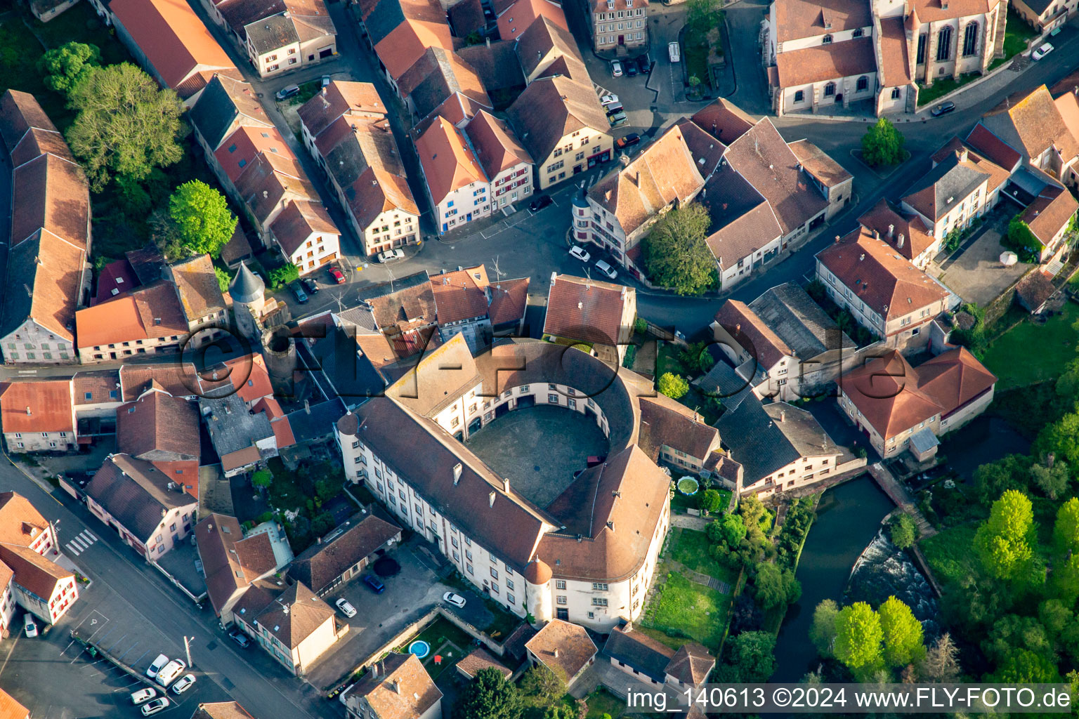 Aerial view of Old town with Château de Fénétrange in Fénétrange in the state Moselle, France