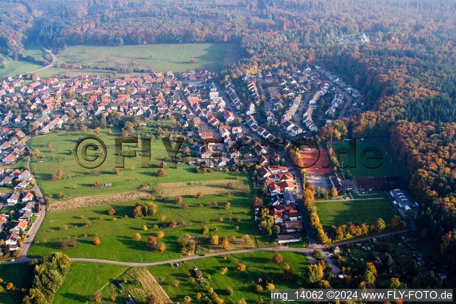 Oblique view of District Schluttenbach in Ettlingen in the state Baden-Wuerttemberg, Germany