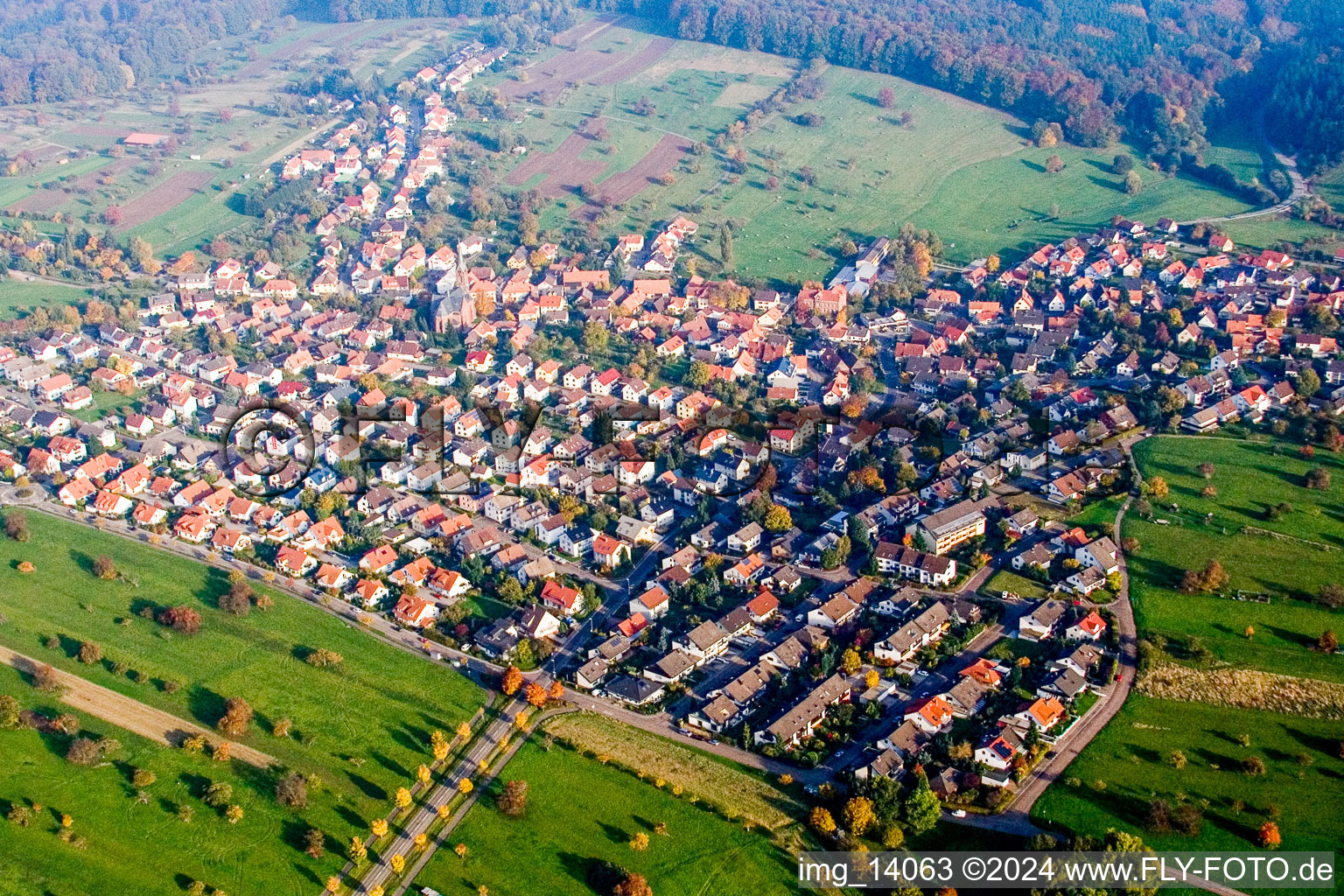 Aerial photograpy of Town View of the streets and houses of the residential areas in Schoellbronn in the state Baden-Wurttemberg, Germany
