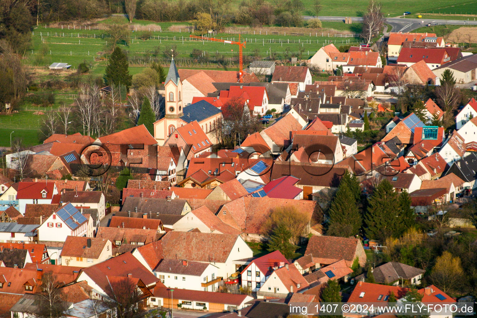 Aerial photograpy of Church building in the village of in the district Ingenheim in Billigheim-Ingenheim in the state Rhineland-Palatinate