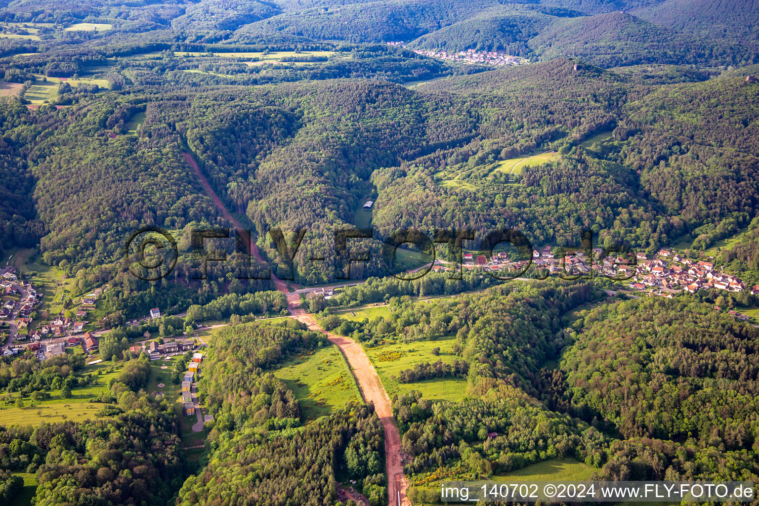 Aerial view of Path through the Palatinate Forest for the reconstruction of the 51 km section of the Trans-Europe natural gas pipeline (TENP-III from the Netherlands to Switzerland) between Mittelbrunn and Klingenmünster in Silz in the state Rhineland-Palatinate, Germany