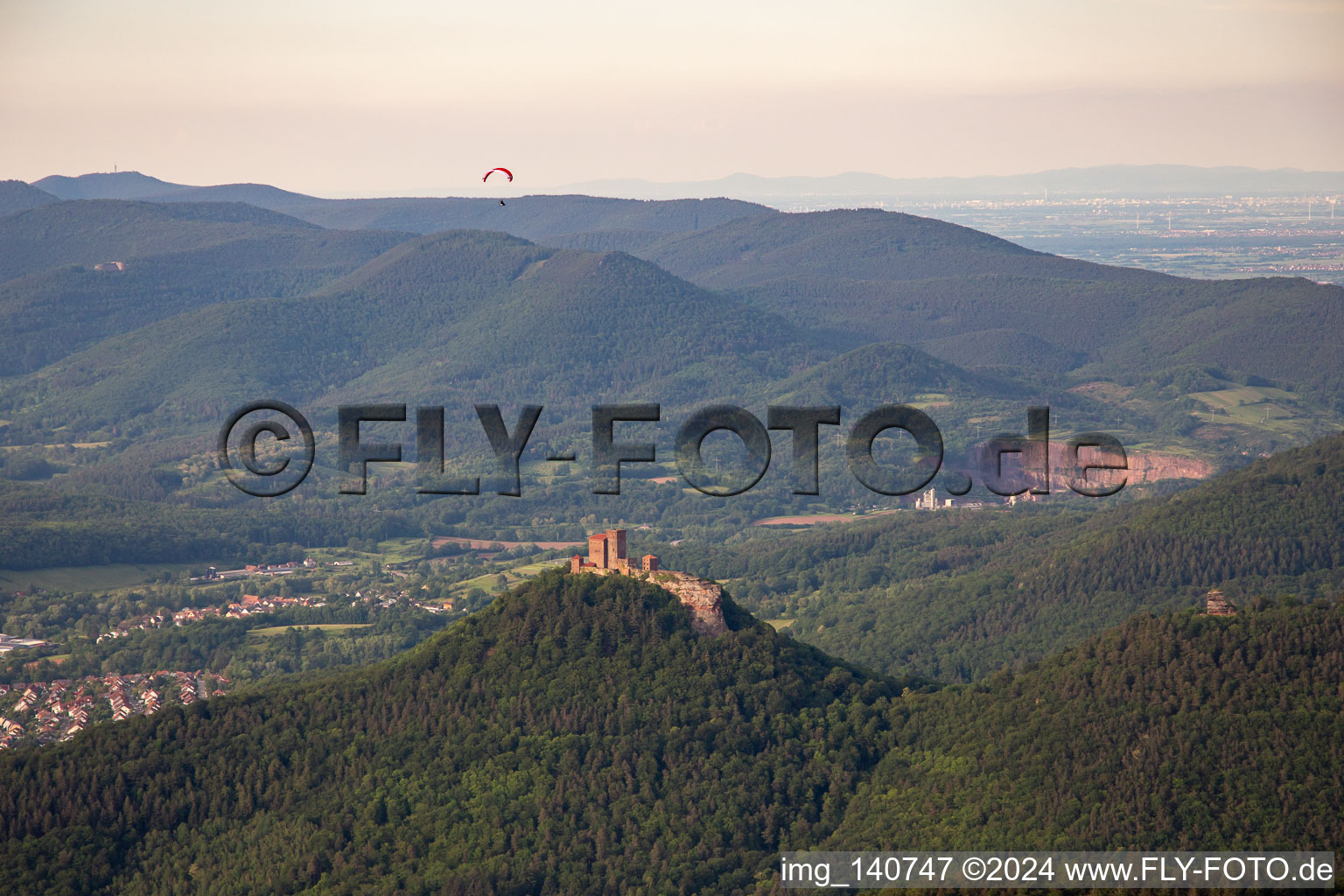 Aerial view of Trifels Castle from the southwest in the district Bindersbach in Annweiler am Trifels in the state Rhineland-Palatinate, Germany