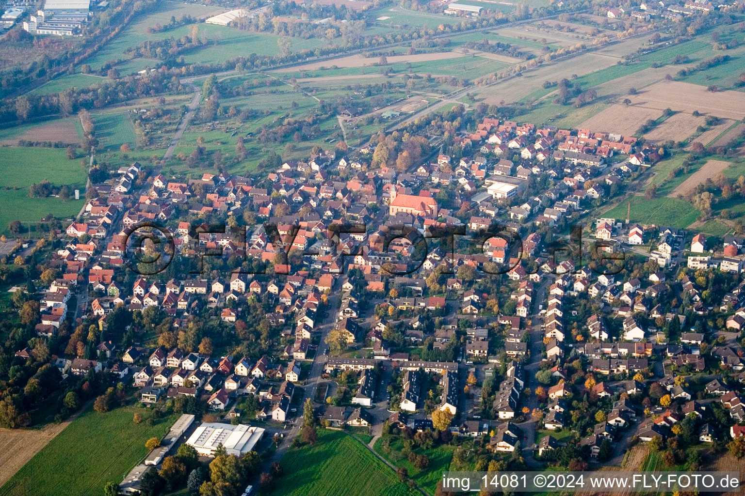 Oblique view of District Ettlingenweier in Ettlingen in the state Baden-Wuerttemberg, Germany