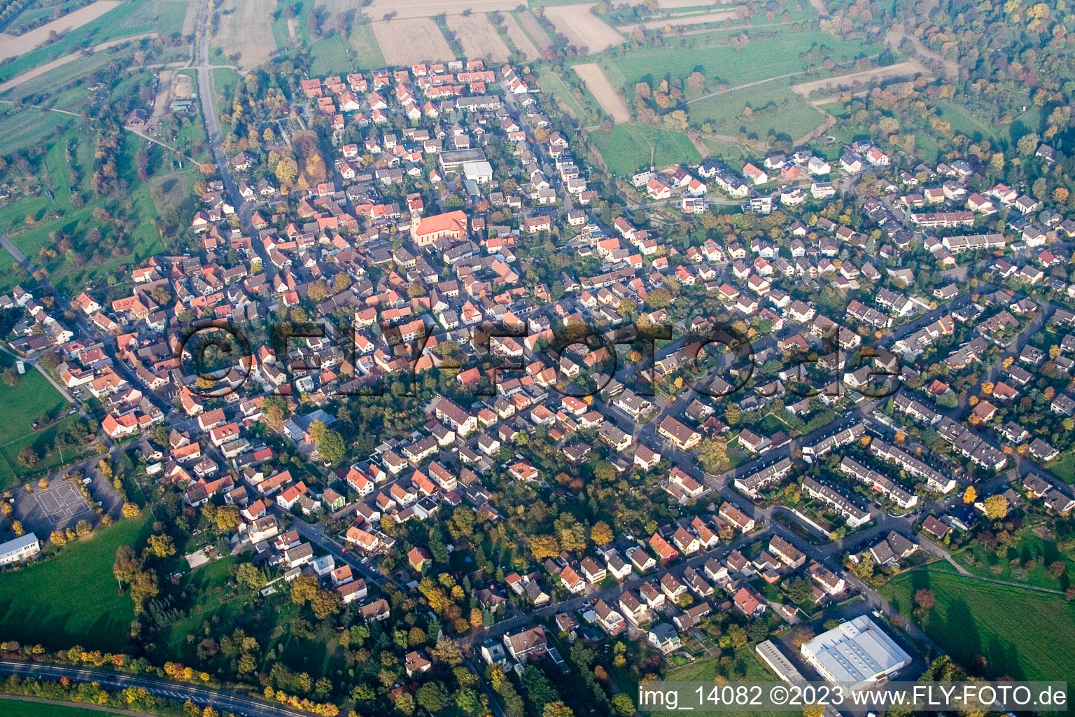 District Ettlingenweier in Ettlingen in the state Baden-Wuerttemberg, Germany from above