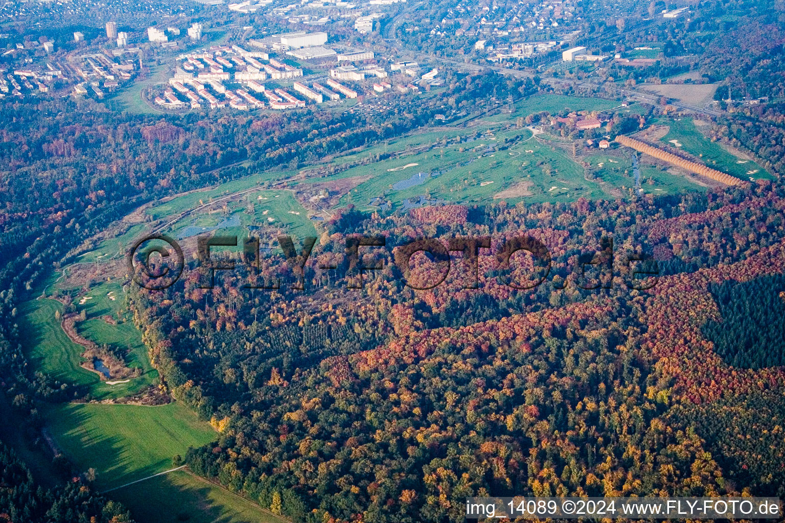 Aerial view of Hofgut Scheibenhardt, golf course in the district Beiertheim-Bulach in Karlsruhe in the state Baden-Wuerttemberg, Germany