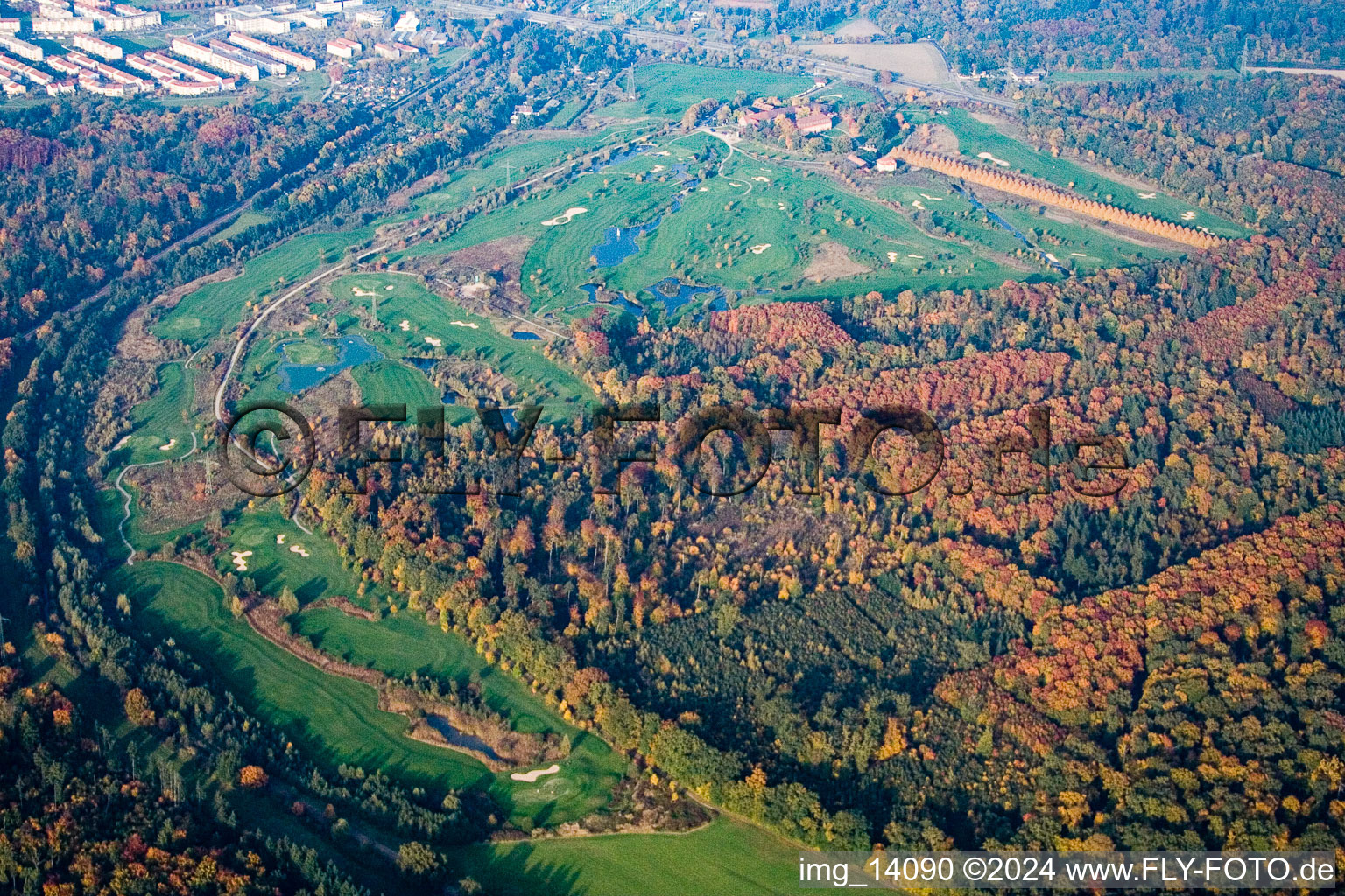 Aerial photograpy of Hofgut Scheibenhardt, golf course in the district Beiertheim-Bulach in Karlsruhe in the state Baden-Wuerttemberg, Germany