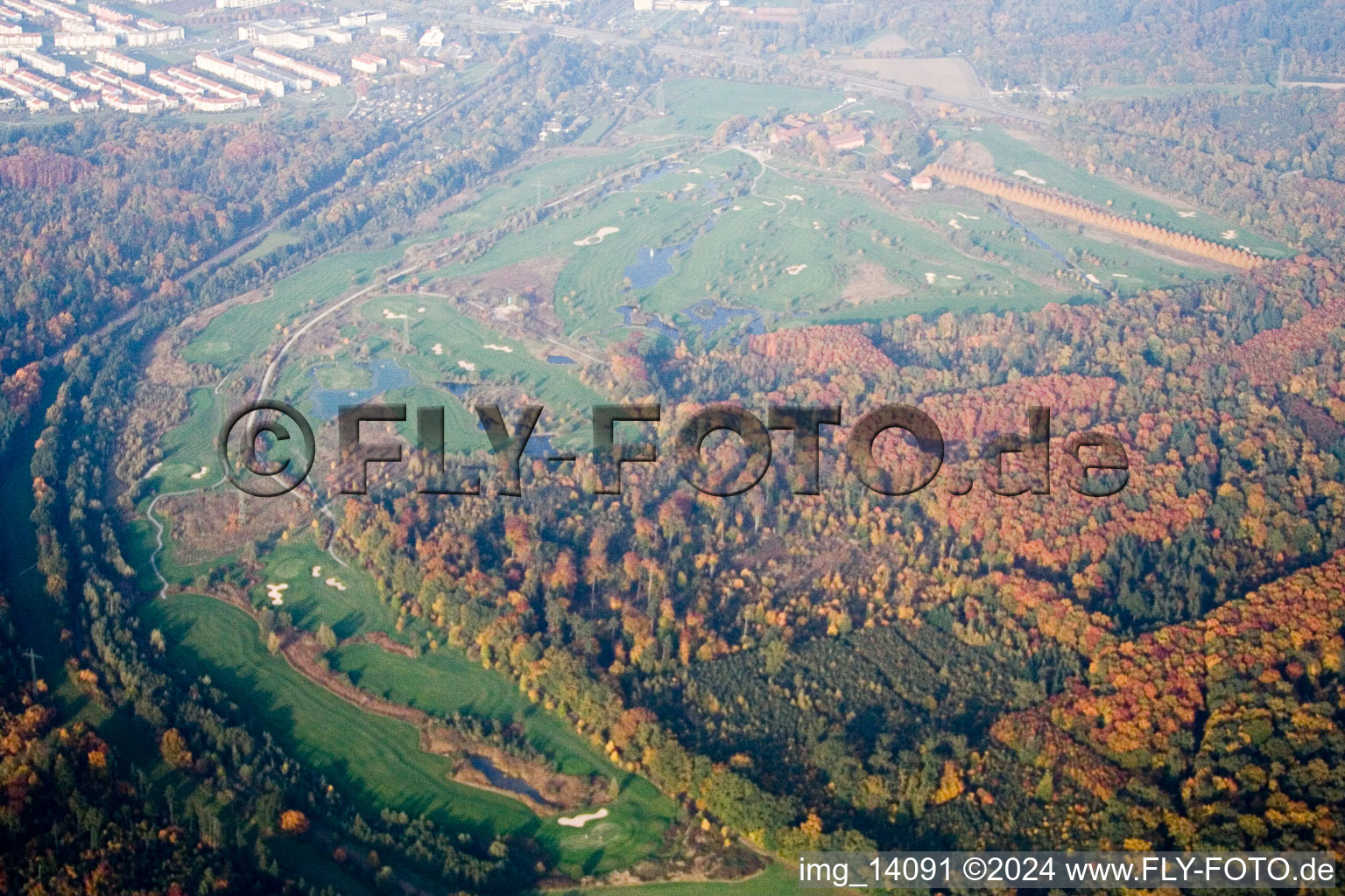 Oblique view of Hofgut Scheibenhardt, golf course in the district Beiertheim-Bulach in Karlsruhe in the state Baden-Wuerttemberg, Germany