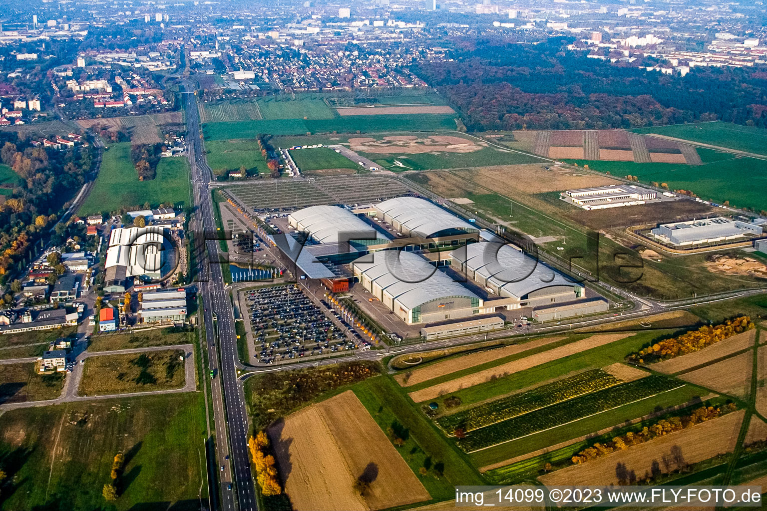 Aerial view of New trade fair, DM Arena in the district Forchheim in Rheinstetten in the state Baden-Wuerttemberg, Germany