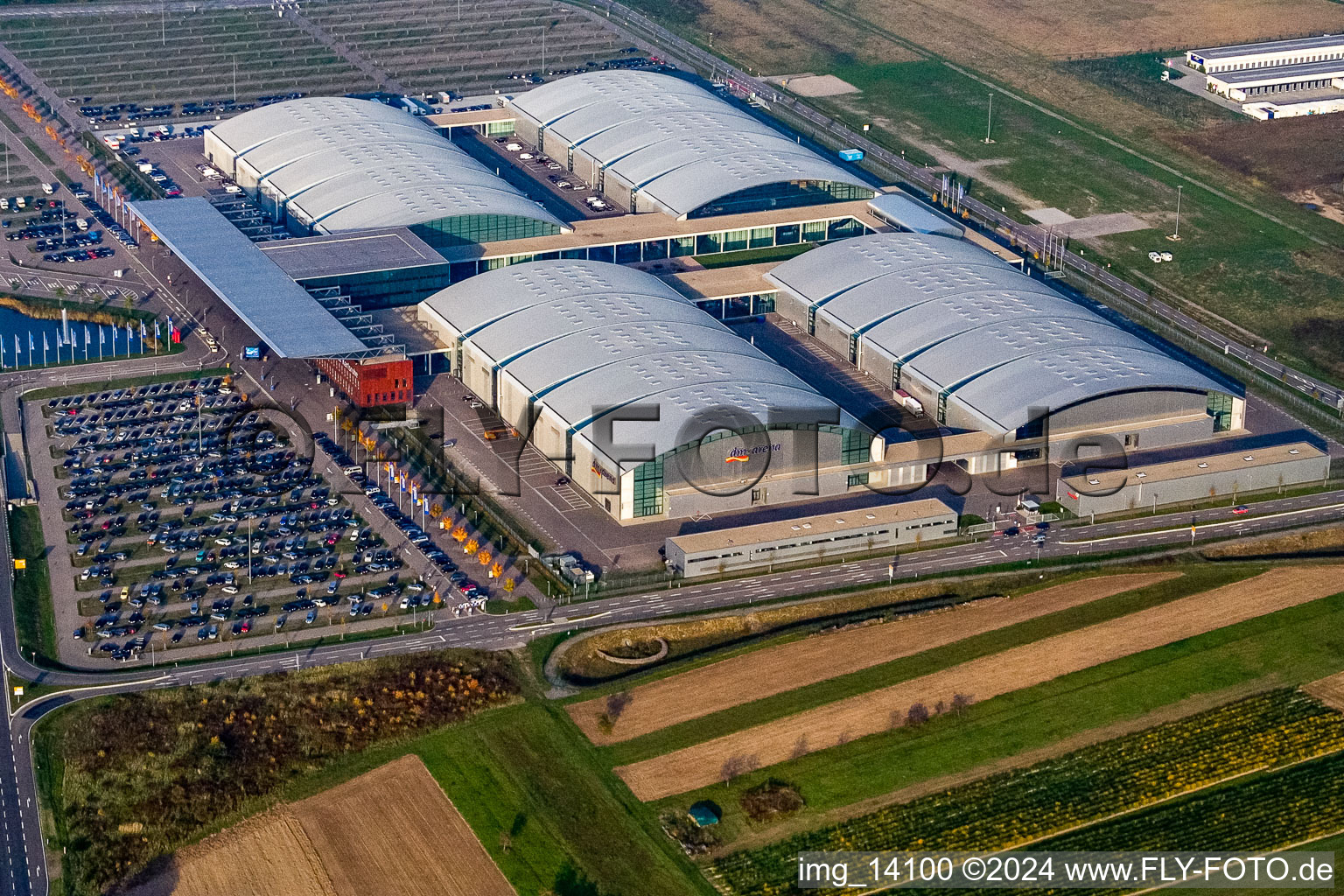 Aerial photograpy of New Trade Fair, DM Arena in the district Forchheim in Rheinstetten in the state Baden-Wuerttemberg, Germany