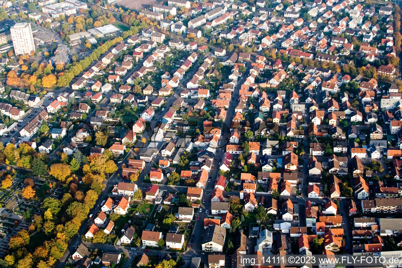 Aerial view of Albgaustrasse in the district Forchheim in Rheinstetten in the state Baden-Wuerttemberg, Germany