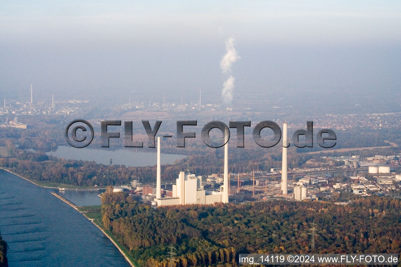 Oblique view of EnBW power plant in the district Rheinhafen in Karlsruhe in the state Baden-Wuerttemberg, Germany