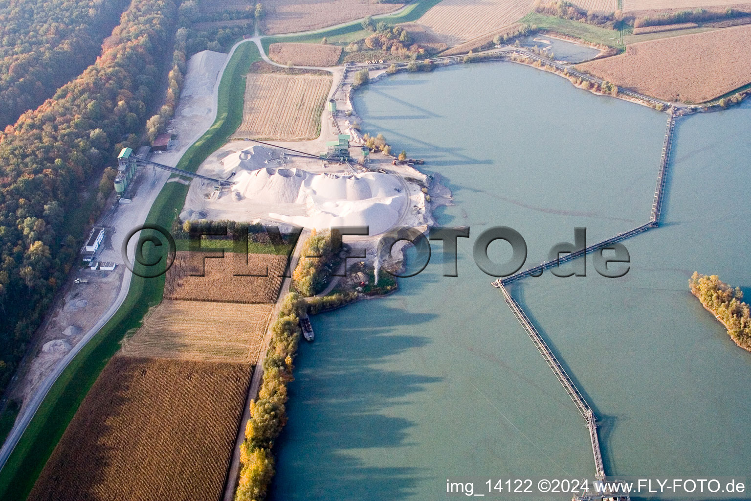 Aerial view of Quarry lake in Hagenbach in the state Rhineland-Palatinate, Germany