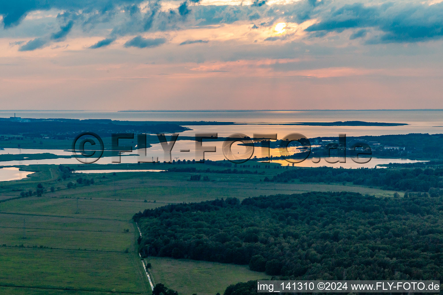 Aerial view of Sunset over the outflow of the Peenestrom in Peenemünde in the state Mecklenburg-Western Pomerania, Germany