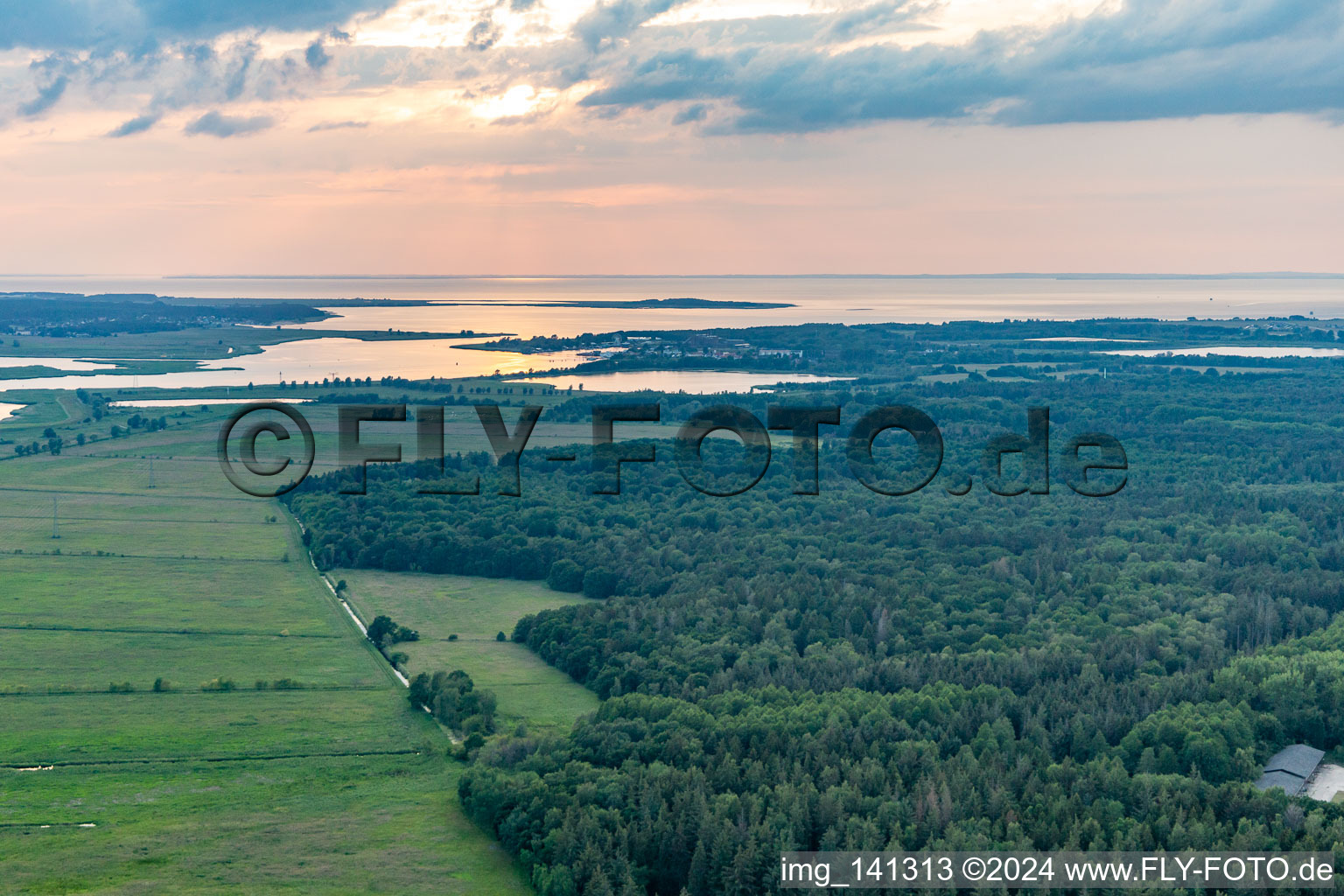 Aerial photograpy of Sunset over the outflow of the Peenestrom in Peenemünde in the state Mecklenburg-Western Pomerania, Germany