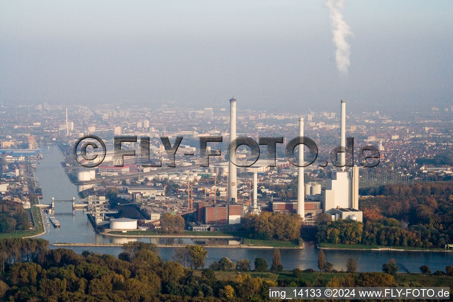 EnBW power plant from the west in the district Rheinhafen in Karlsruhe in the state Baden-Wuerttemberg, Germany