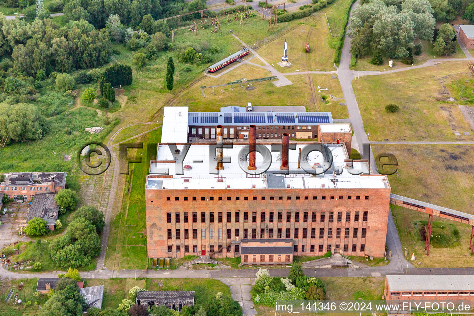 Aerial view of Historical-Technical Museum Peenemünde on rocket construction in World War II in the former power plant in Peenemünde in the state Mecklenburg-Western Pomerania, Germany