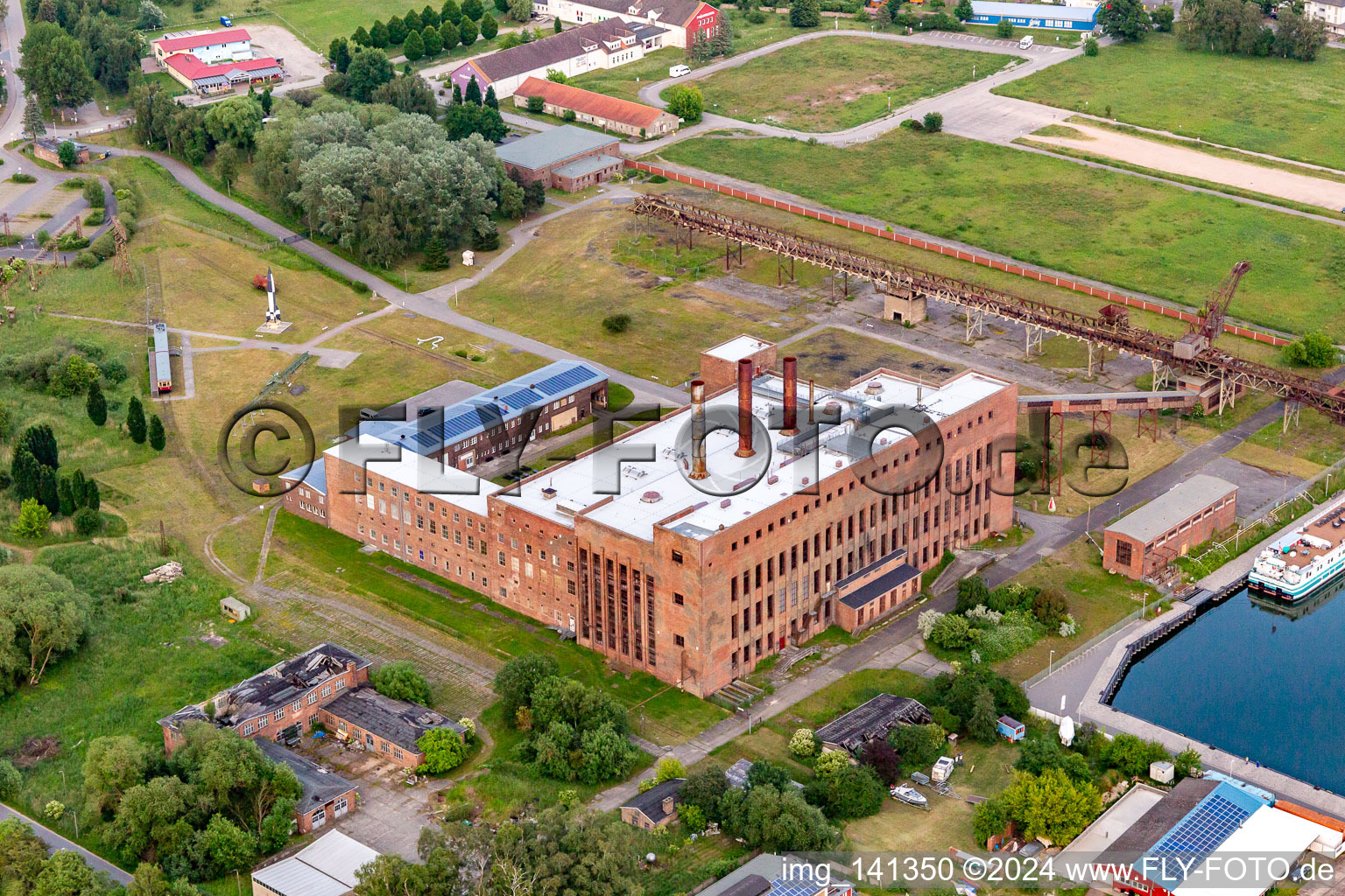 Aerial photograpy of Historical-Technical Museum Peenemünde on rocket construction in World War II in the former power plant in Peenemünde in the state Mecklenburg-Western Pomerania, Germany