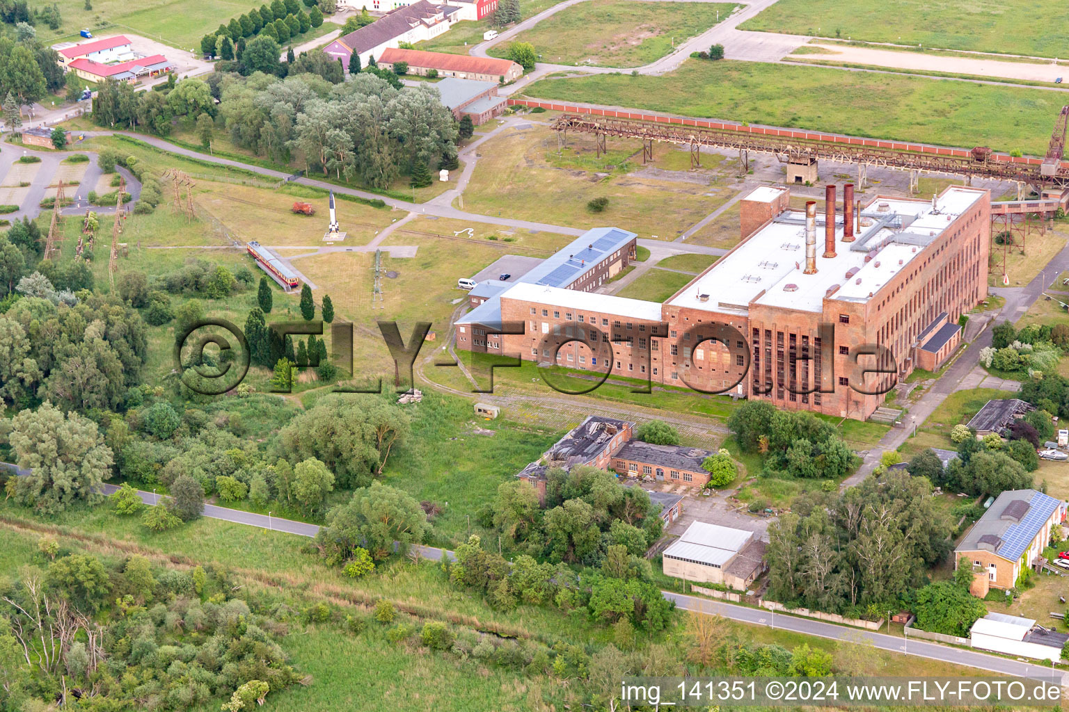 Oblique view of Historical-Technical Museum Peenemünde on rocket construction in World War II in the former power plant in Peenemünde in the state Mecklenburg-Western Pomerania, Germany