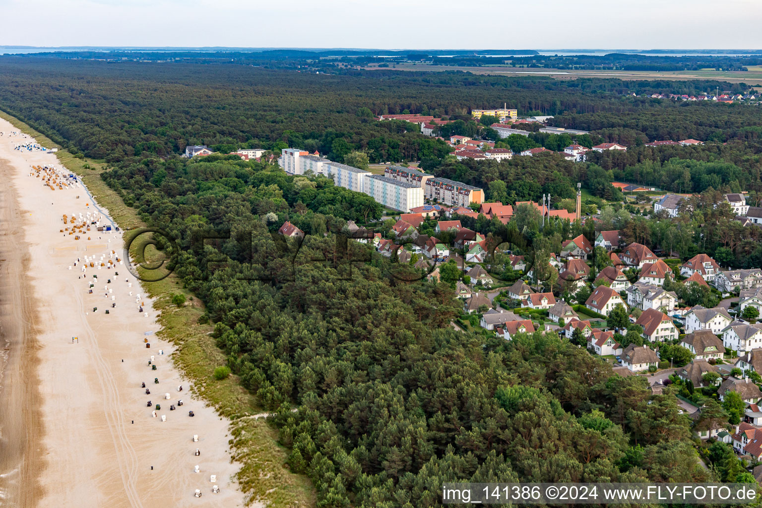 Beach and prefabricated buildings on Dünenstr in Karlshagen in the state Mecklenburg-Western Pomerania, Germany