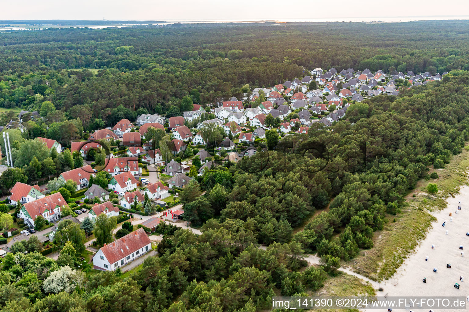 Aerial view of Thatched roof settlement of the holiday apartment Dünenresidenz in Peenemünde in the state Mecklenburg-Western Pomerania, Germany