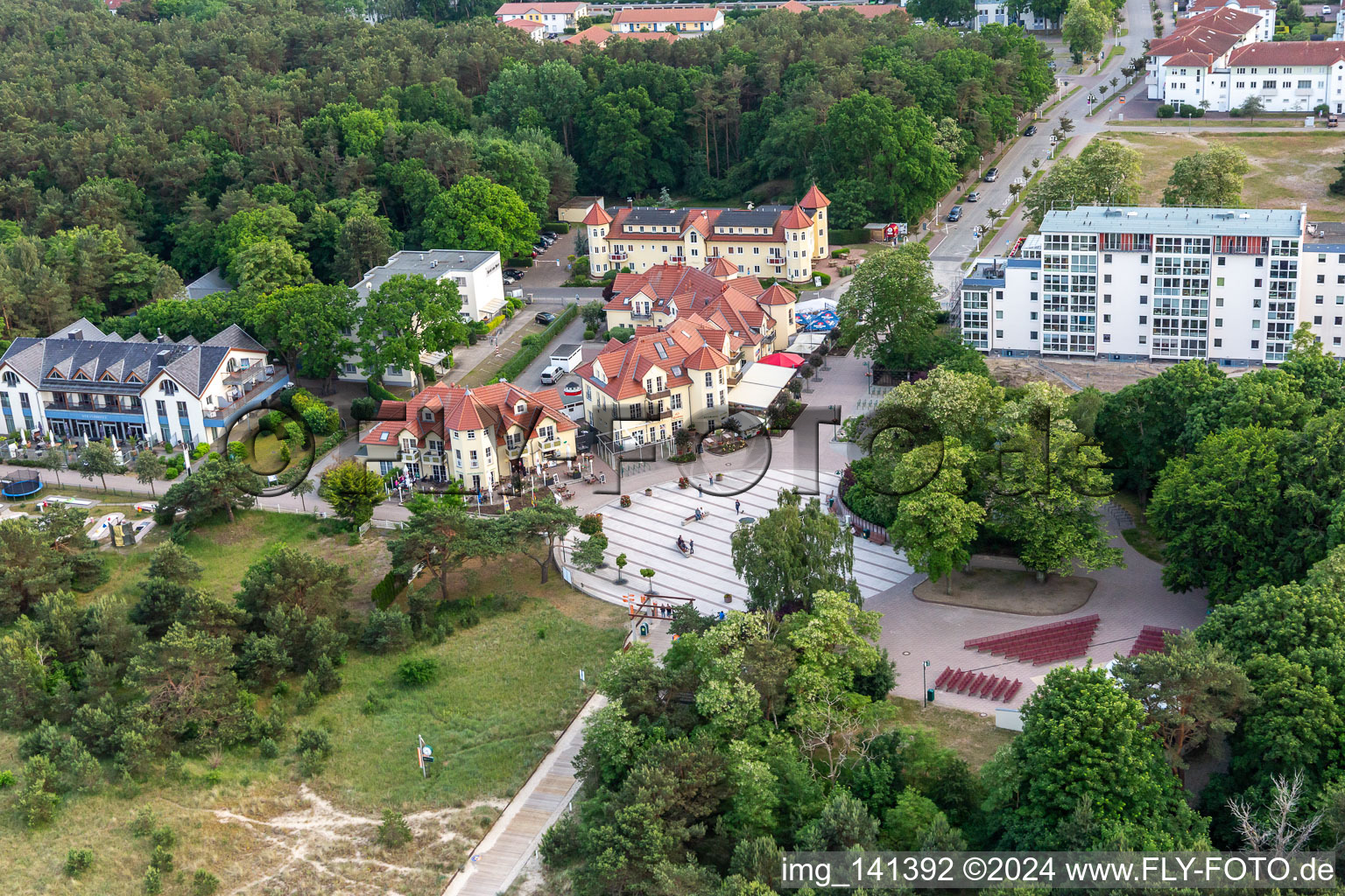 Aerial view of Beach forecourt with open-air stage in Karlshagen in the state Mecklenburg-Western Pomerania, Germany