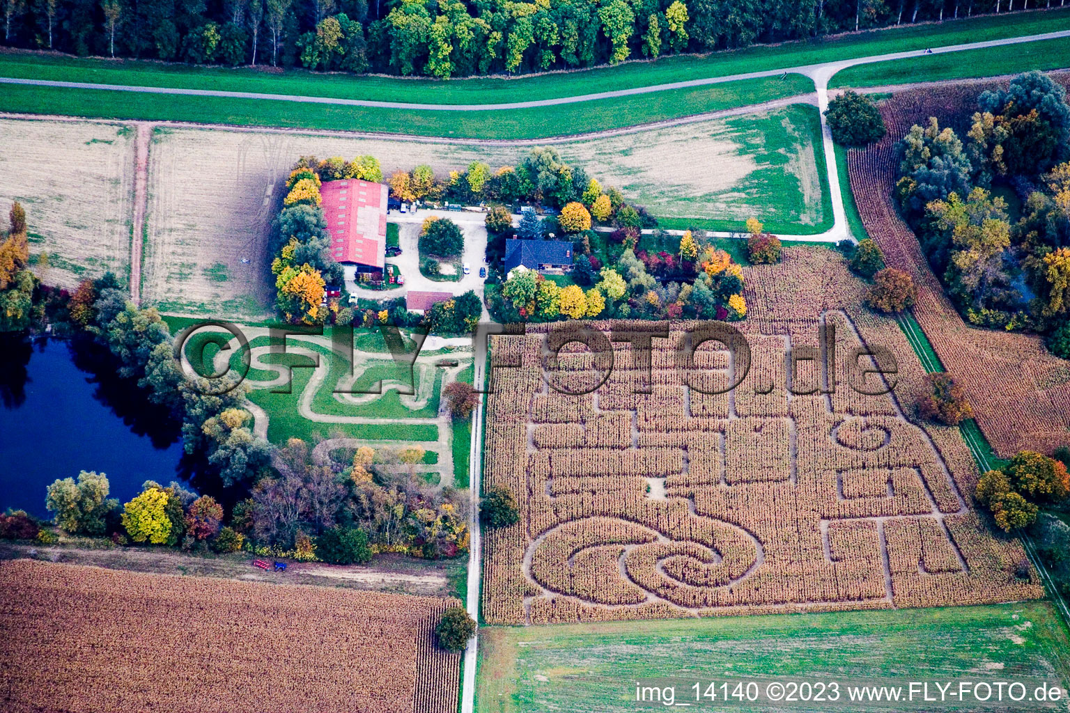 Aerial view of Corn maze in Leimersheim in the state Rhineland-Palatinate, Germany
