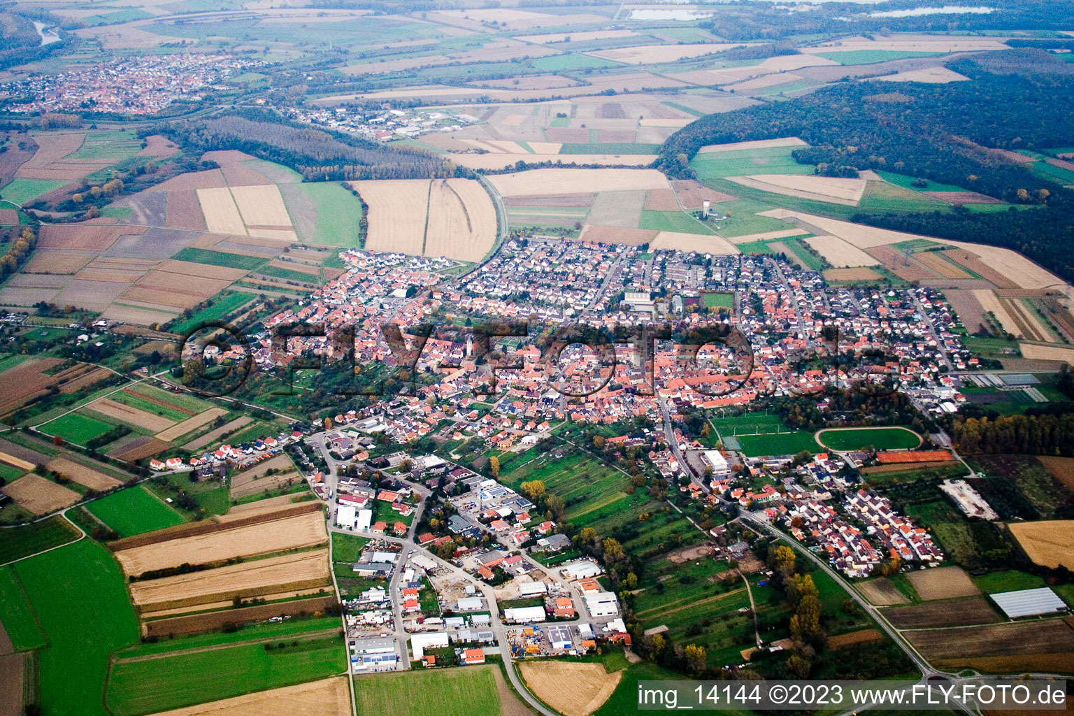 District Hochstetten in Linkenheim-Hochstetten in the state Baden-Wuerttemberg, Germany viewn from the air