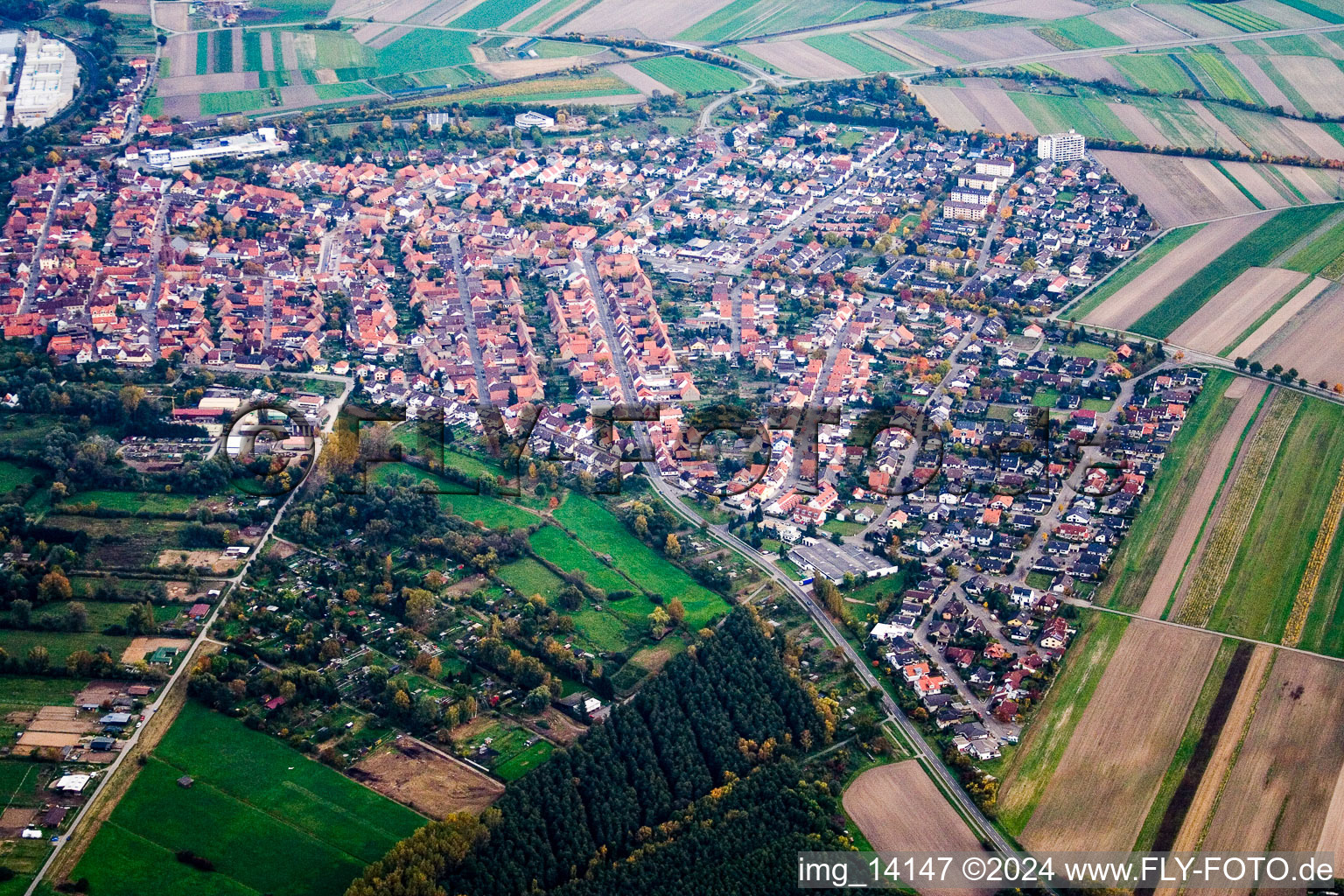 District Graben in Graben-Neudorf in the state Baden-Wuerttemberg, Germany from above