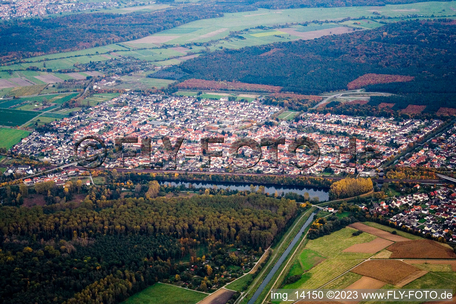 Drone recording of District Neudorf in Graben-Neudorf in the state Baden-Wuerttemberg, Germany