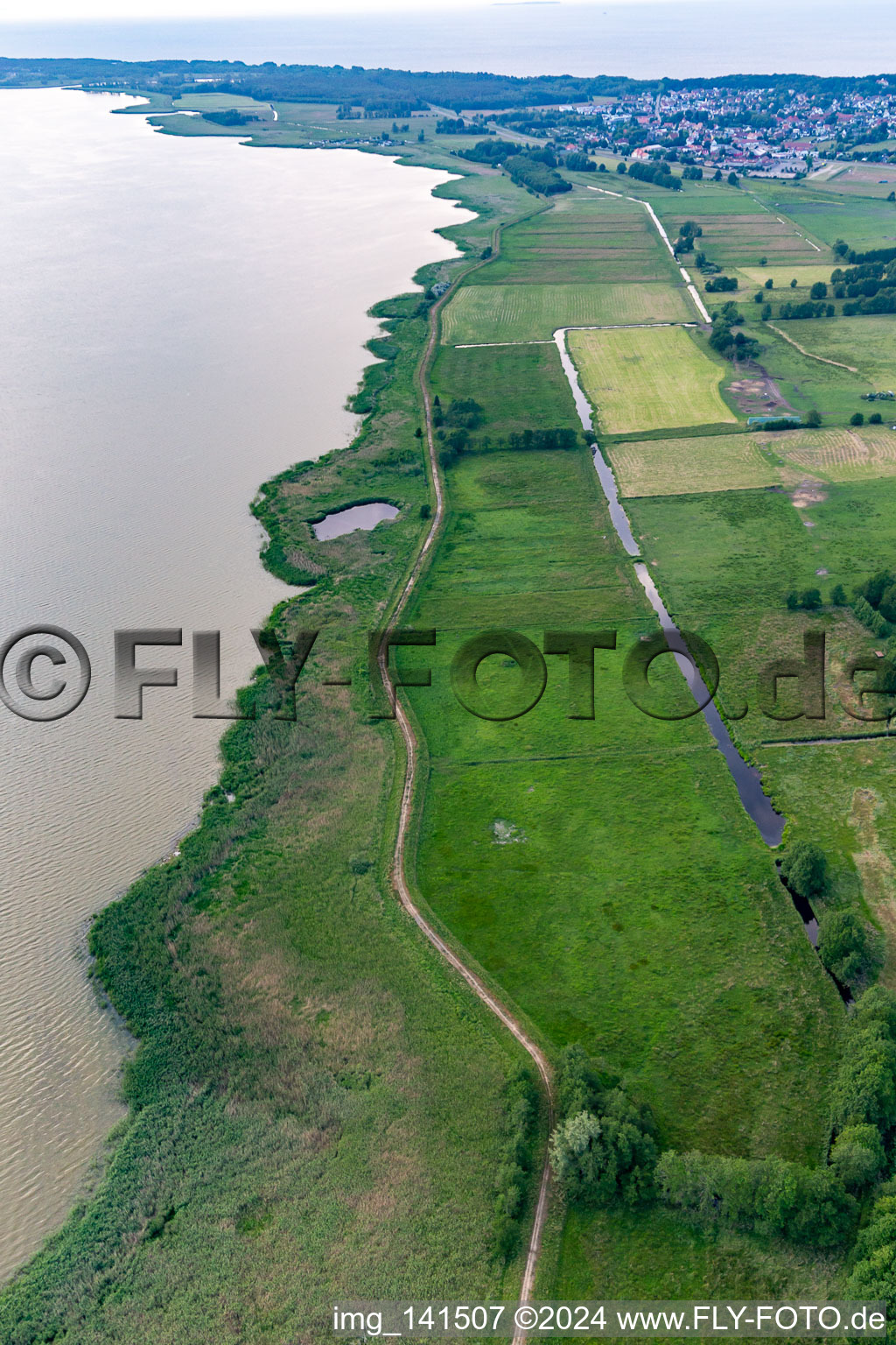 Dike and drainage channels on the banks of the Achterwasser in Loddin in the state Mecklenburg-Western Pomerania, Germany