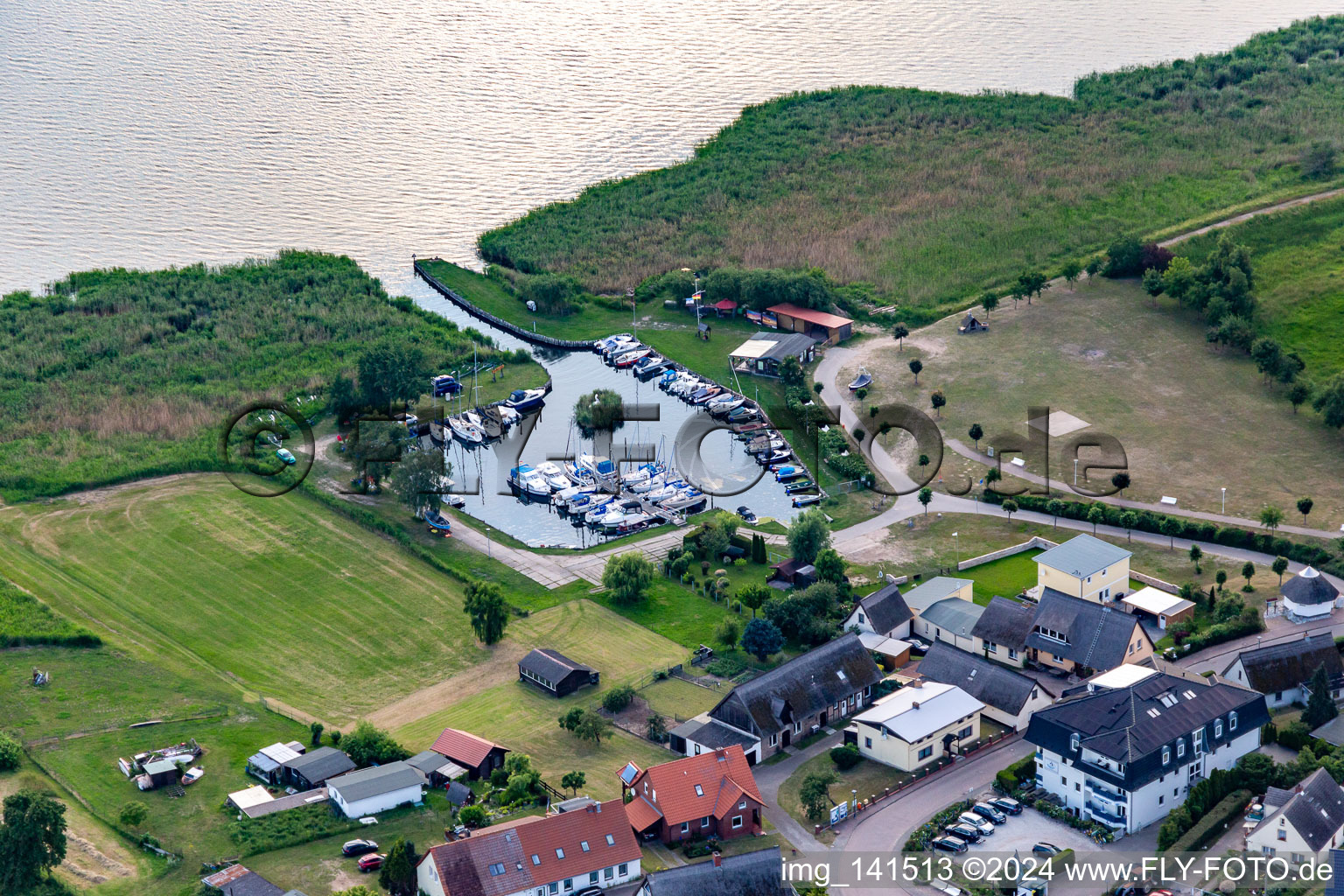 Yacht harbor Loddin to the Achterwasser in Loddin in the state Mecklenburg-Western Pomerania, Germany from above