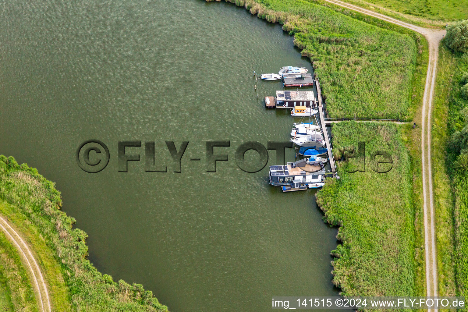 Aerial view of Jetty at the fishing harbor at Loddiner Höft in Loddin in the state Mecklenburg-Western Pomerania, Germany