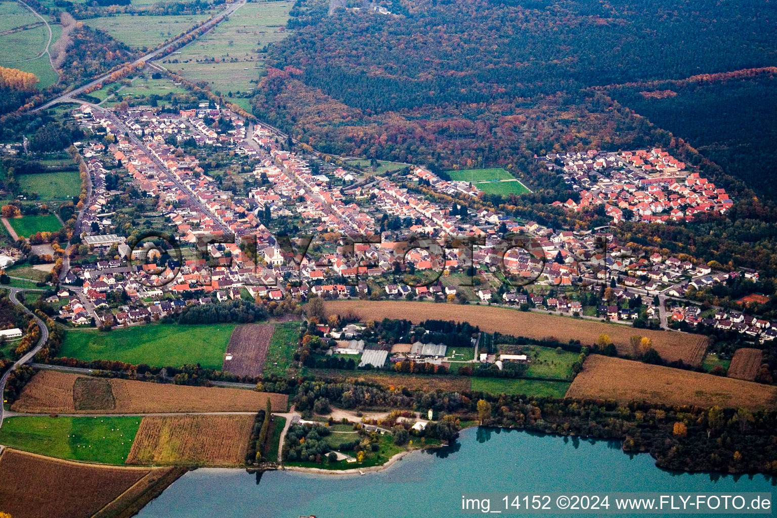 Aerial photograpy of District Huttenheim in Philippsburg in the state Baden-Wuerttemberg, Germany