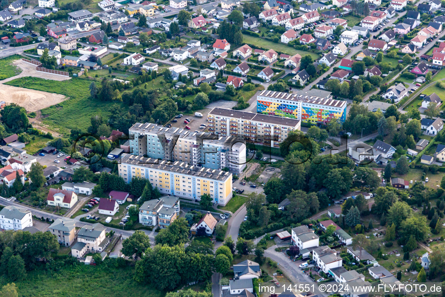 Prefabricated housing estate on Dünenweg in the district Neuhof U in Heringsdorf in the state Mecklenburg-Western Pomerania, Germany